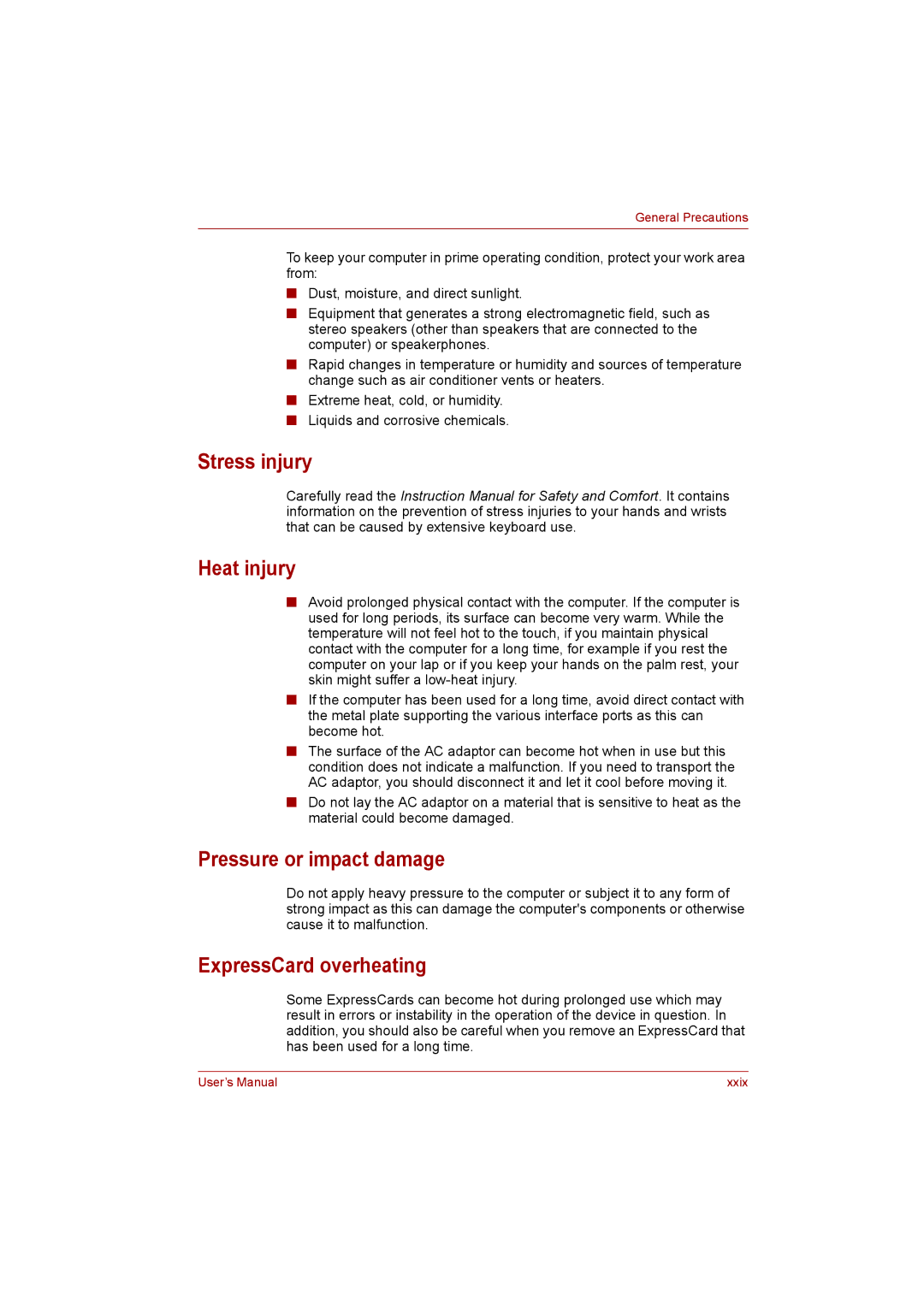 Toshiba L500D user manual Stress injury Heat injury, Pressure or impact damage, ExpressCard overheating 