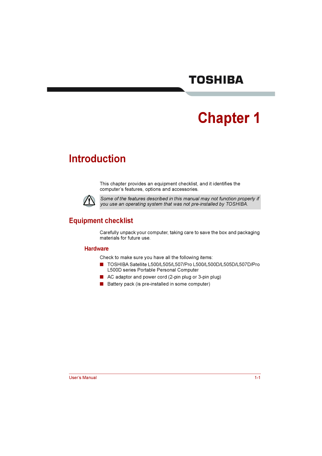 Toshiba L500D user manual Introduction, Equipment checklist, Hardware, Check to make sure you have all the following items 