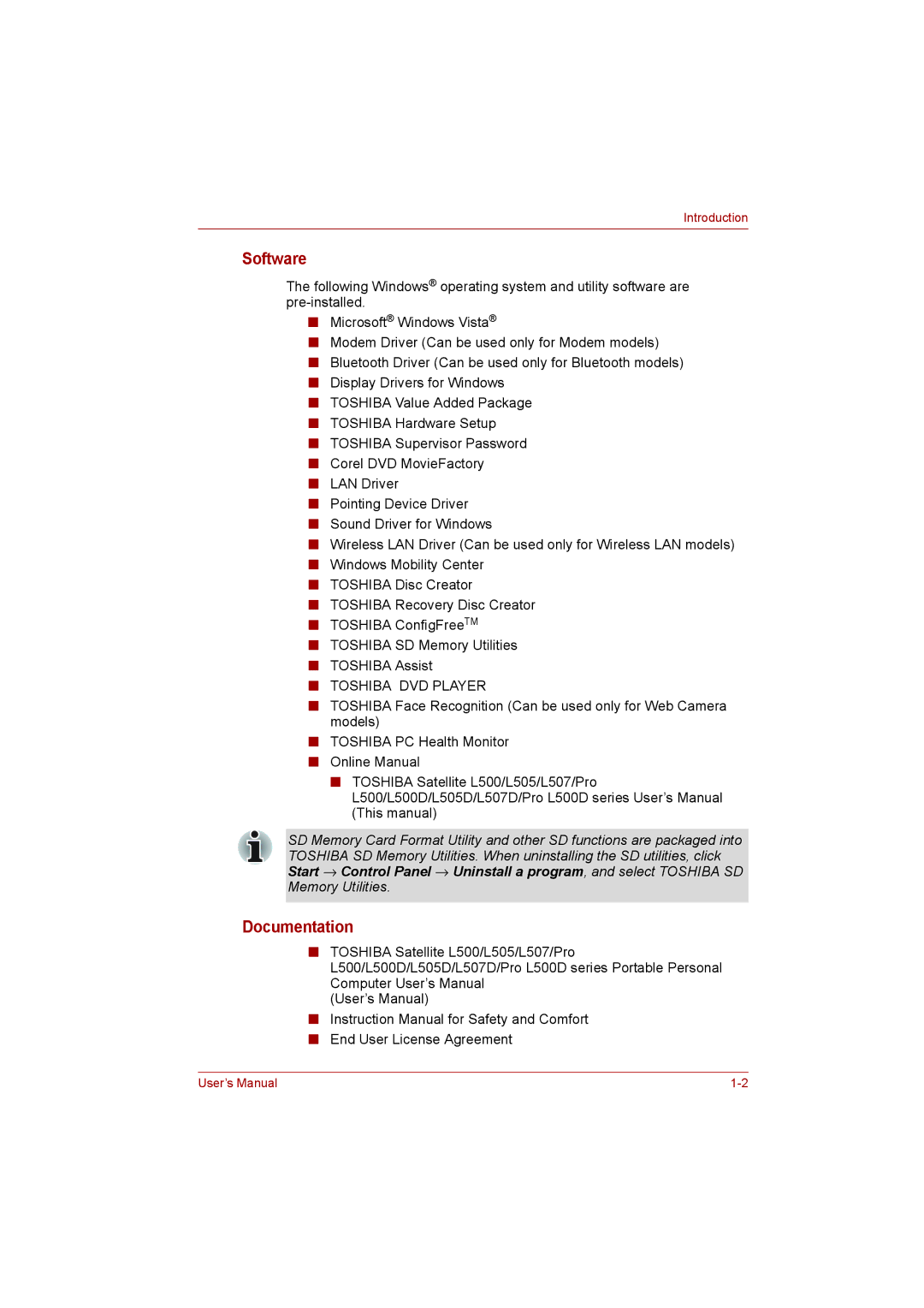 Toshiba L500D user manual Software, Documentation 