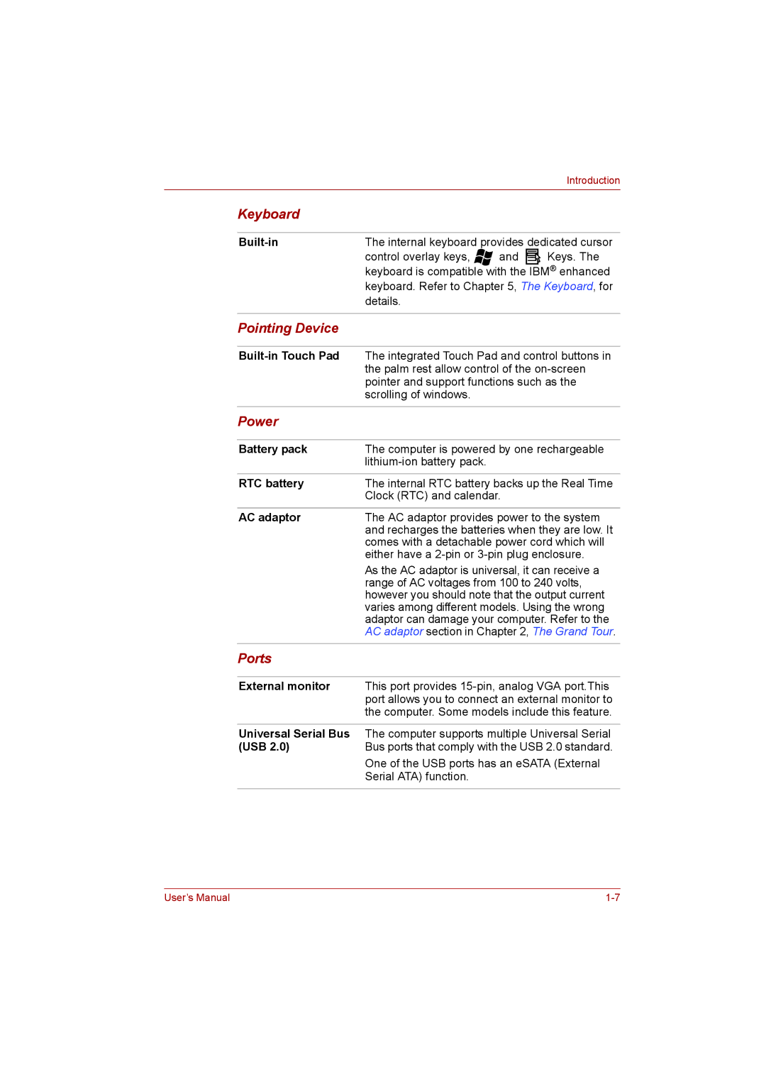 Toshiba L500D user manual Keyboard, Pointing Device, Power, Ports 