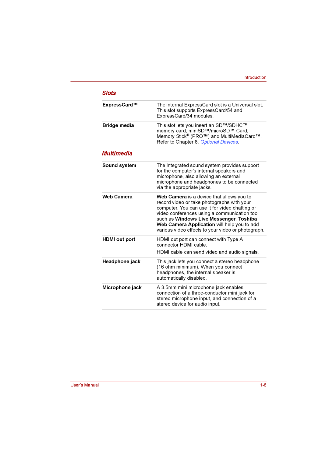 Toshiba L500D user manual Slots, Multimedia 