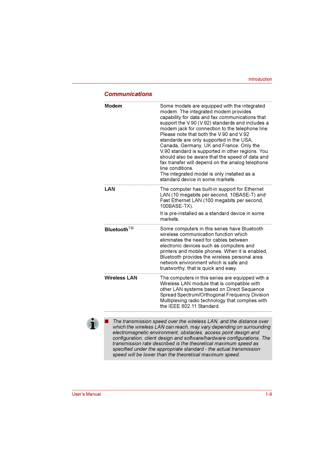 Toshiba L500D user manual Communications, Modem, BluetoothTM, Wireless LAN 