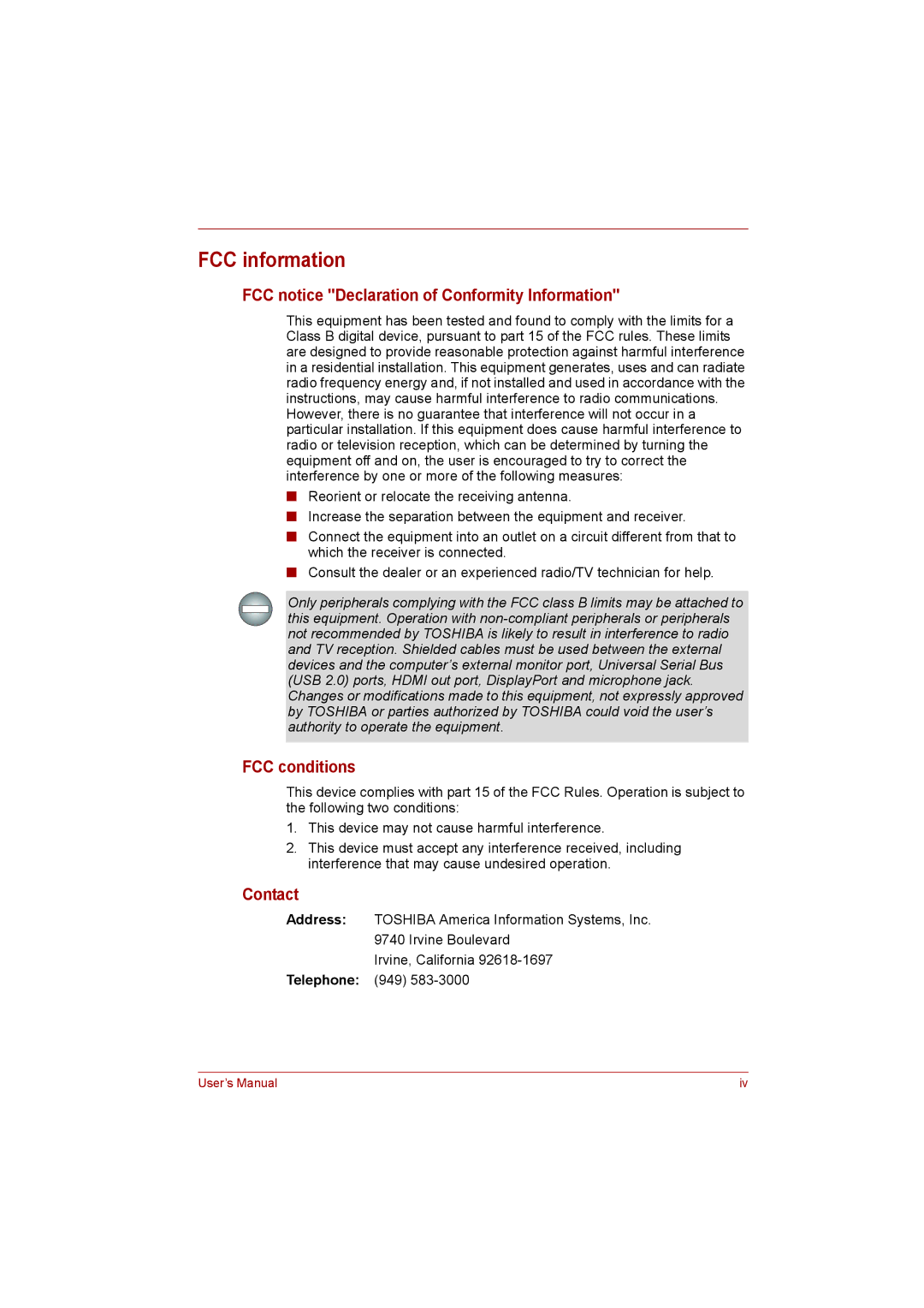 Toshiba L500D user manual FCC information, FCC notice Declaration of Conformity Information, FCC conditions, Contact 