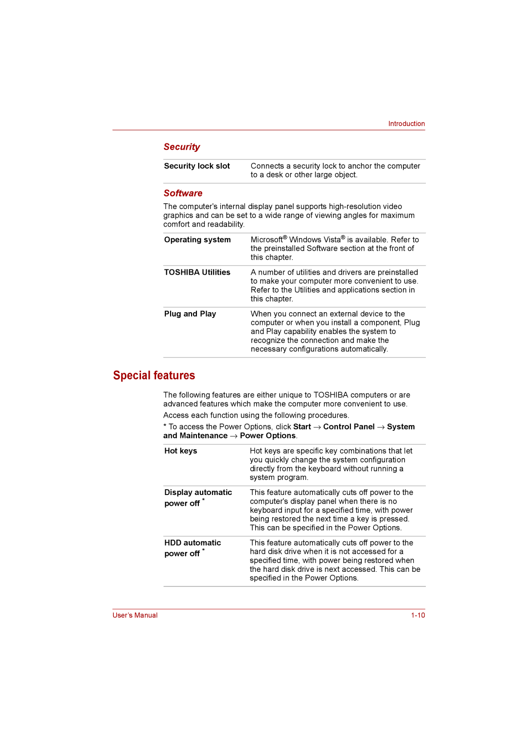 Toshiba L500D user manual Special features, Security, Software 