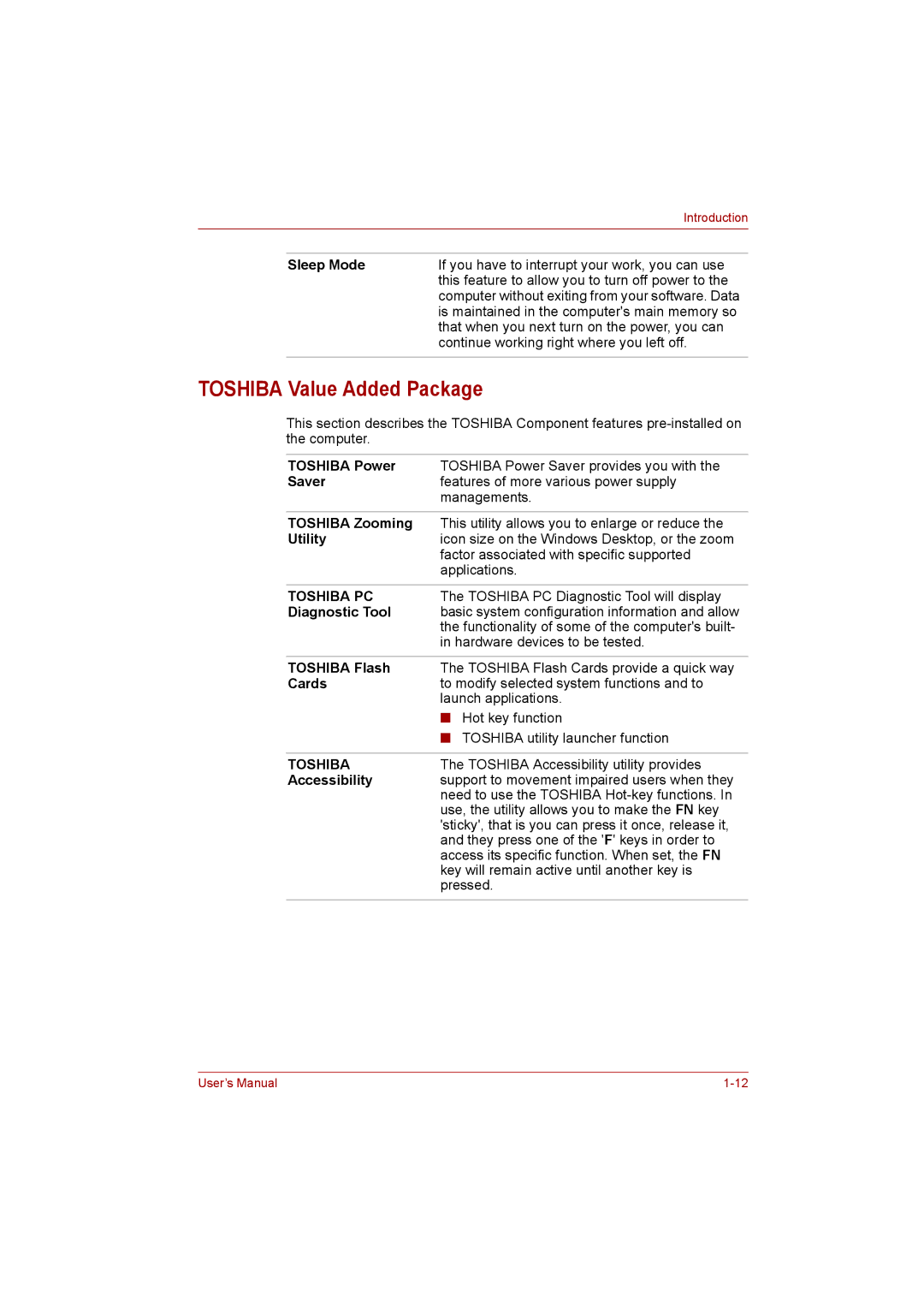 Toshiba L500D user manual Toshiba Value Added Package 