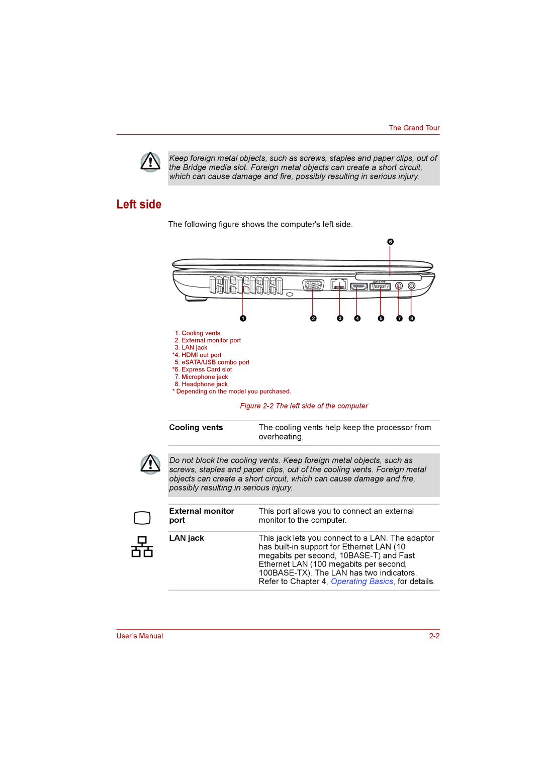 Toshiba L500D user manual Left side, Cooling vents, Port, LAN jack 