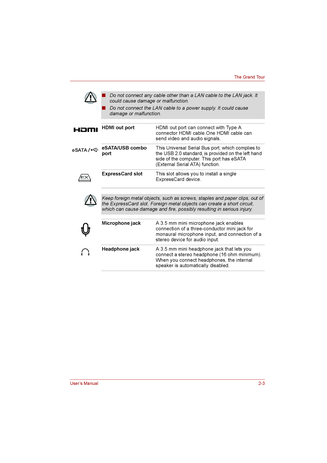 Toshiba L500D user manual ESATA/USB combo, ExpressCard slot 