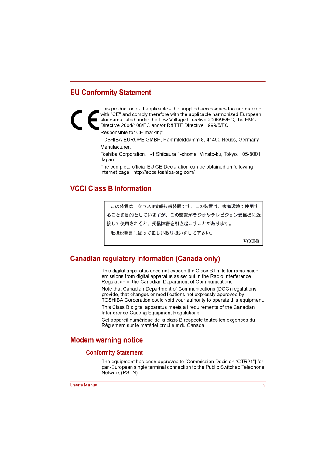 Toshiba L500D user manual EU Conformity Statement, Vcci Class B Information, Canadian regulatory information Canada only 