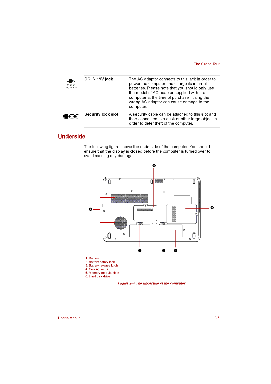 Toshiba L500D user manual Underside, DC in 19V jack, Security lock slot 