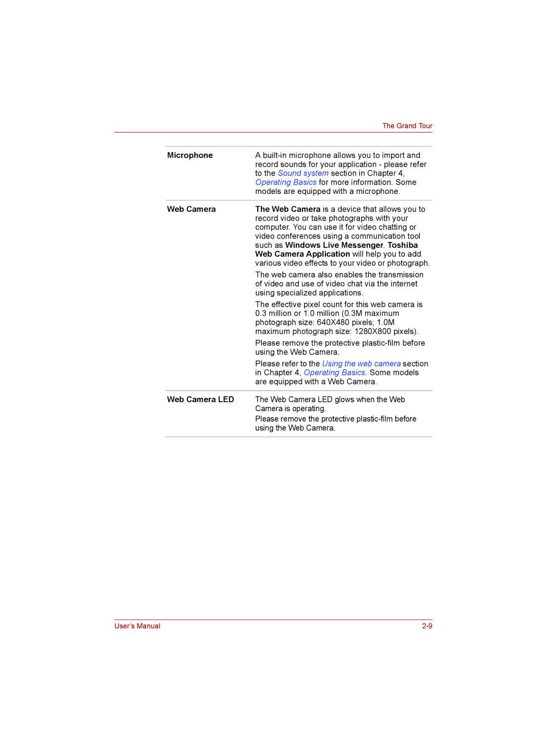 Toshiba L500D user manual Microphone, Web Camera LED 