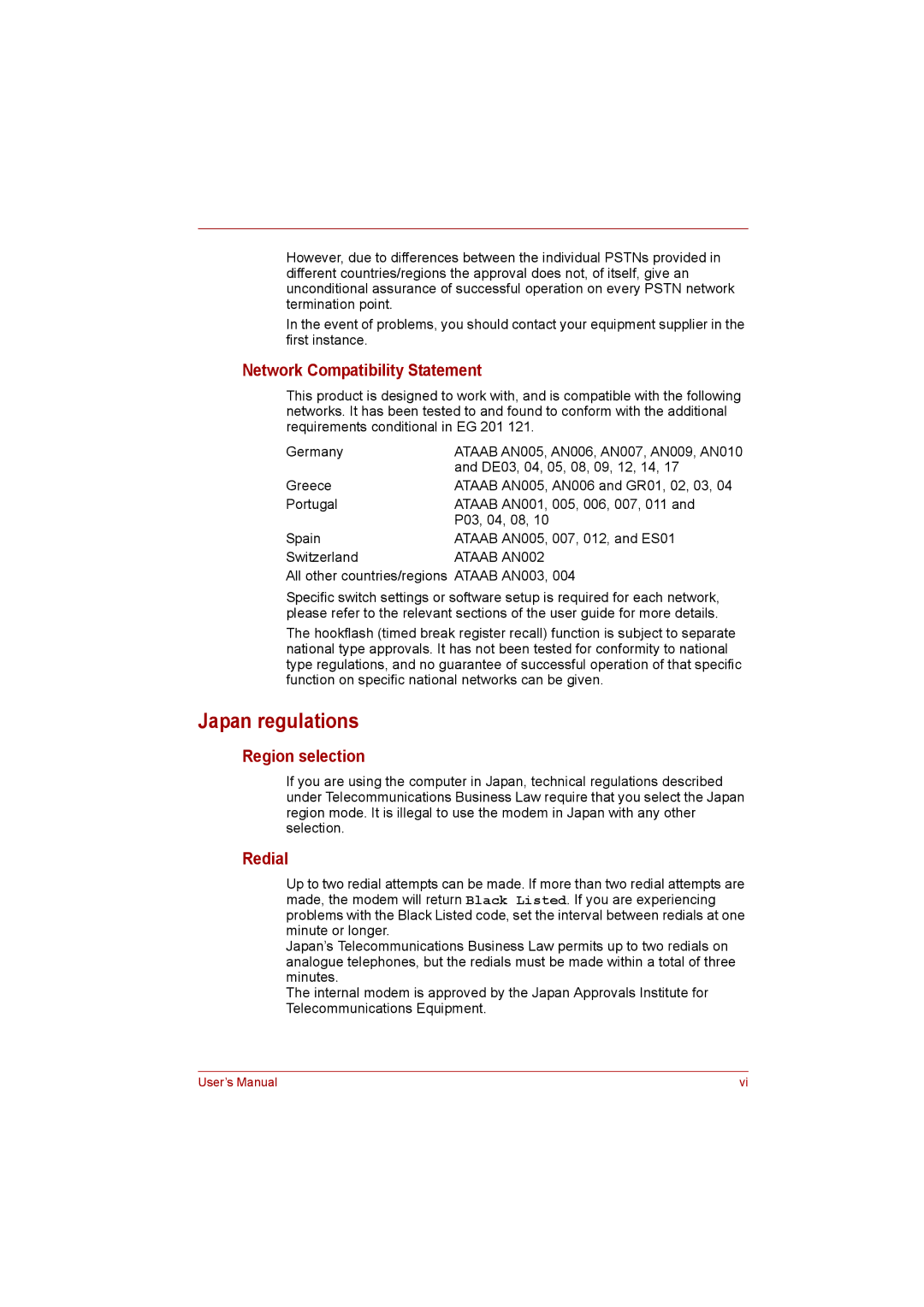 Toshiba L500D user manual Japan regulations, Network Compatibility Statement, Region selection, Redial 