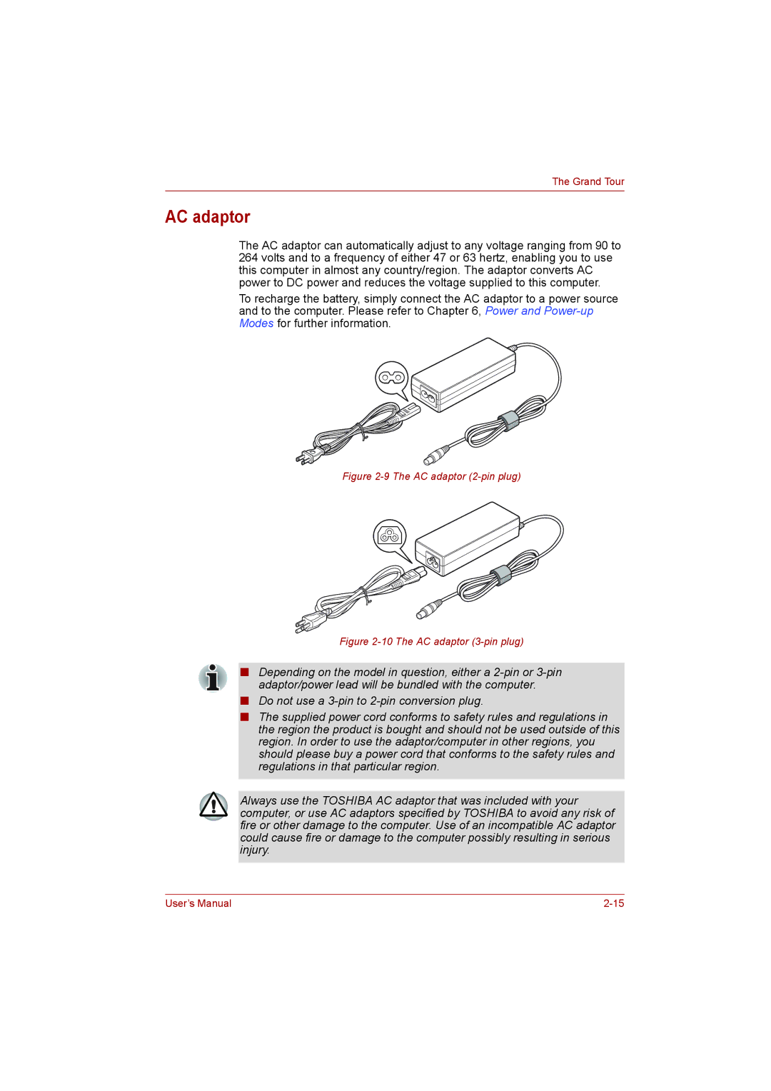 Toshiba L500D user manual AC adaptor 2-pin plug 