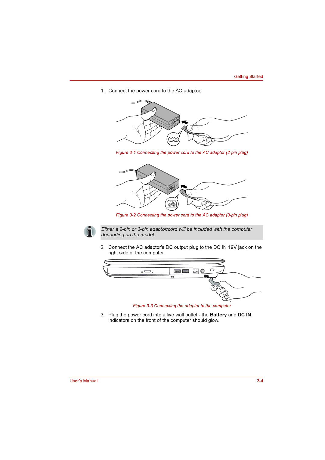 Toshiba L500D user manual Connect the power cord to the AC adaptor, Connecting the power cord to the AC adaptor 2-pin plug 