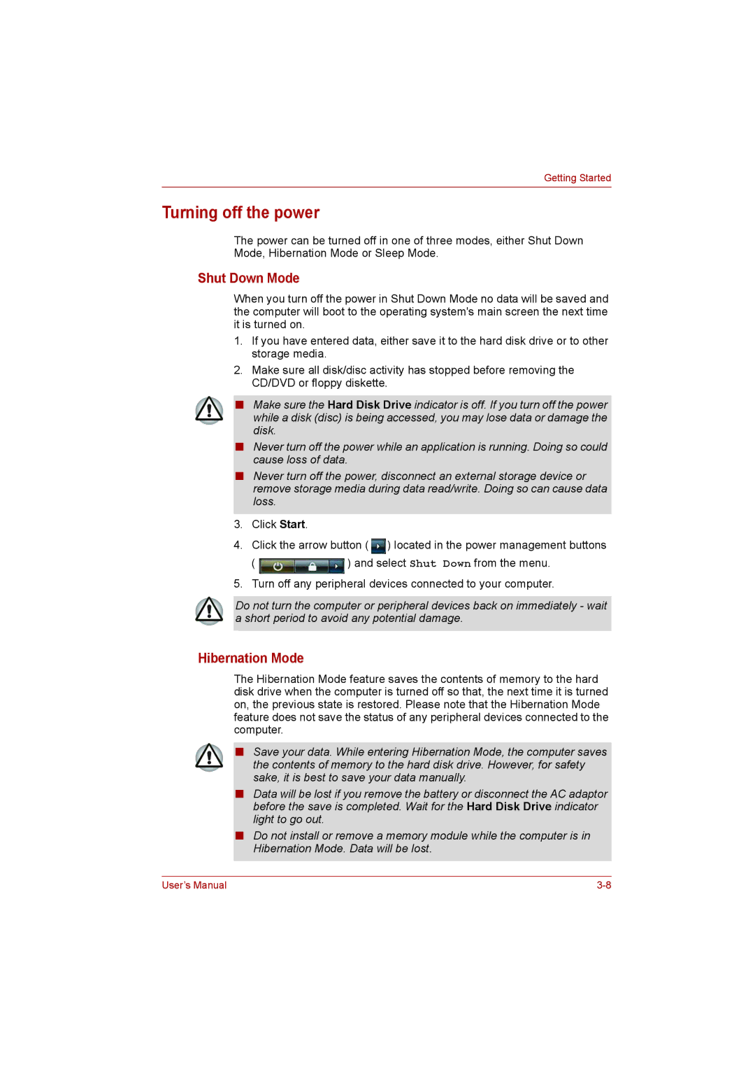 Toshiba L500D user manual Turning off the power, Shut Down Mode, Hibernation Mode 