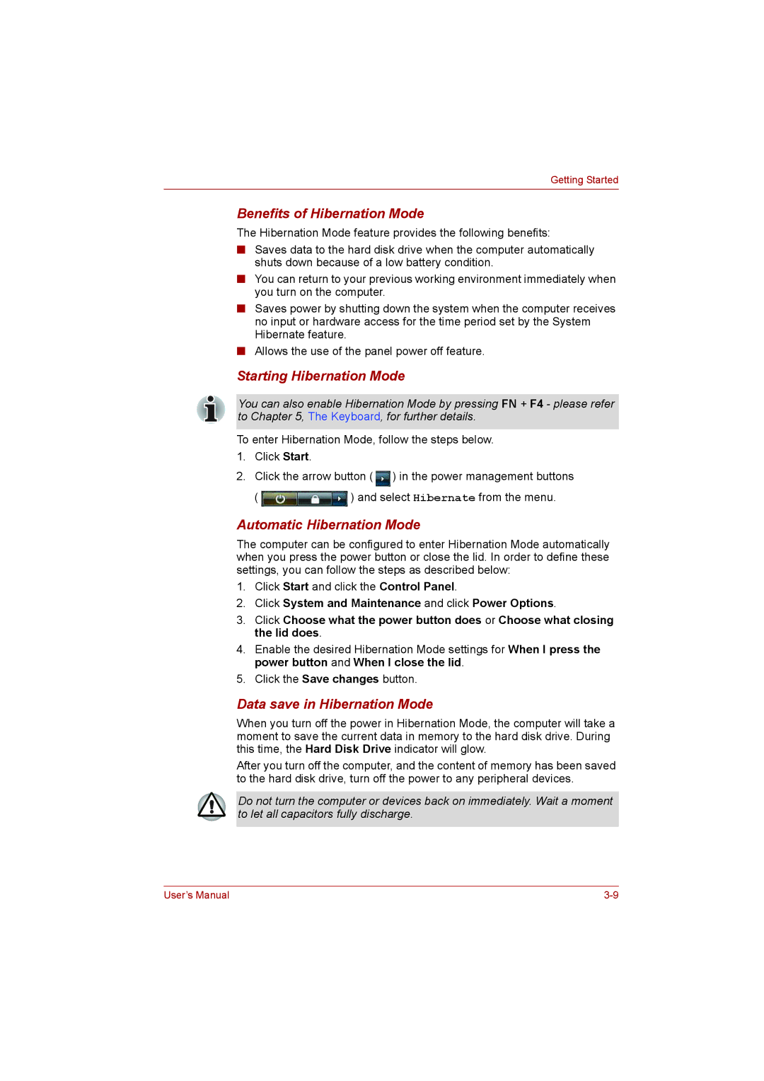 Toshiba L500D user manual Benefits of Hibernation Mode, Starting Hibernation Mode, Automatic Hibernation Mode 