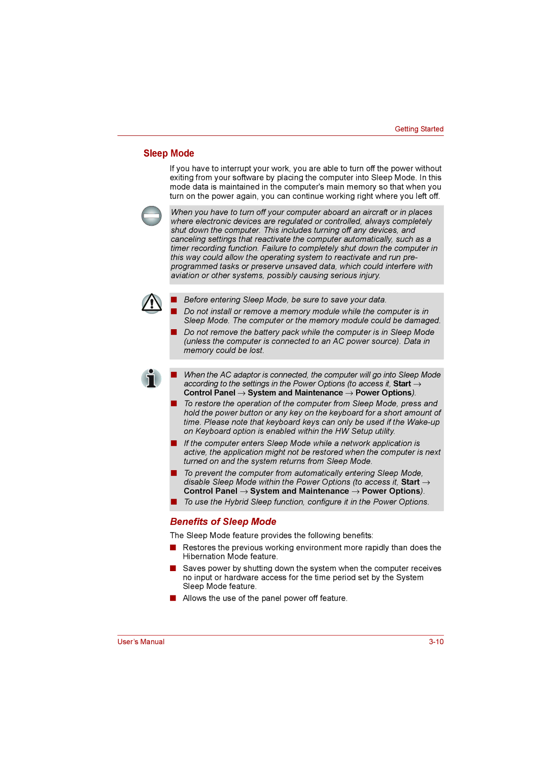 Toshiba L500D user manual Benefits of Sleep Mode 