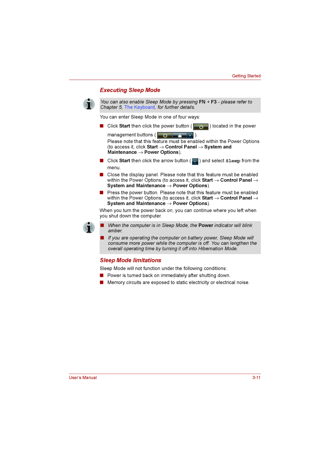 Toshiba L500D user manual Executing Sleep Mode, Sleep Mode limitations 