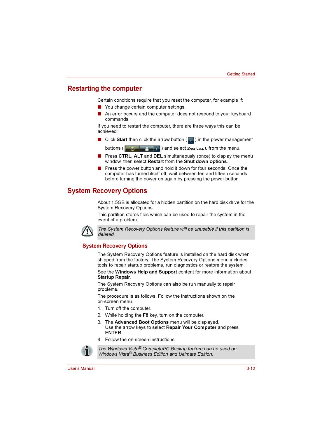 Toshiba L500D user manual Restarting the computer, System Recovery Options, Follow the on-screen instructions 