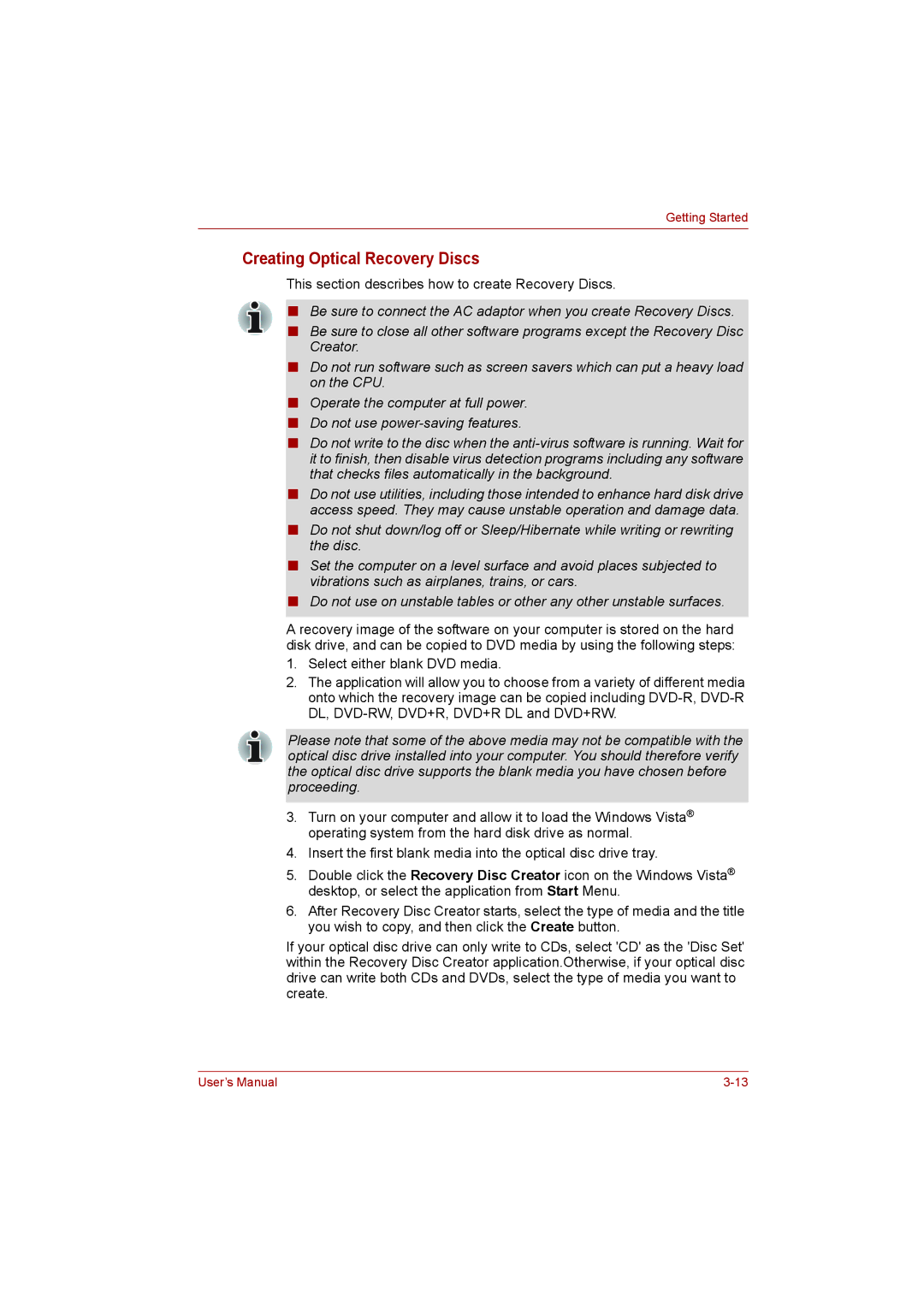 Toshiba L500D user manual Creating Optical Recovery Discs, This section describes how to create Recovery Discs 