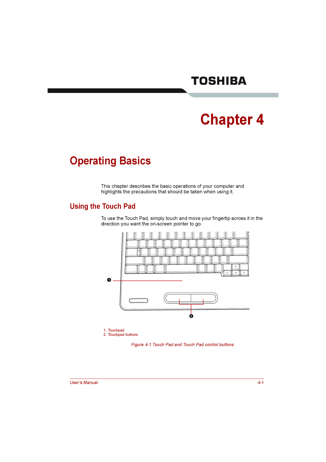 Toshiba L500D user manual Operating Basics, Using the Touch Pad 