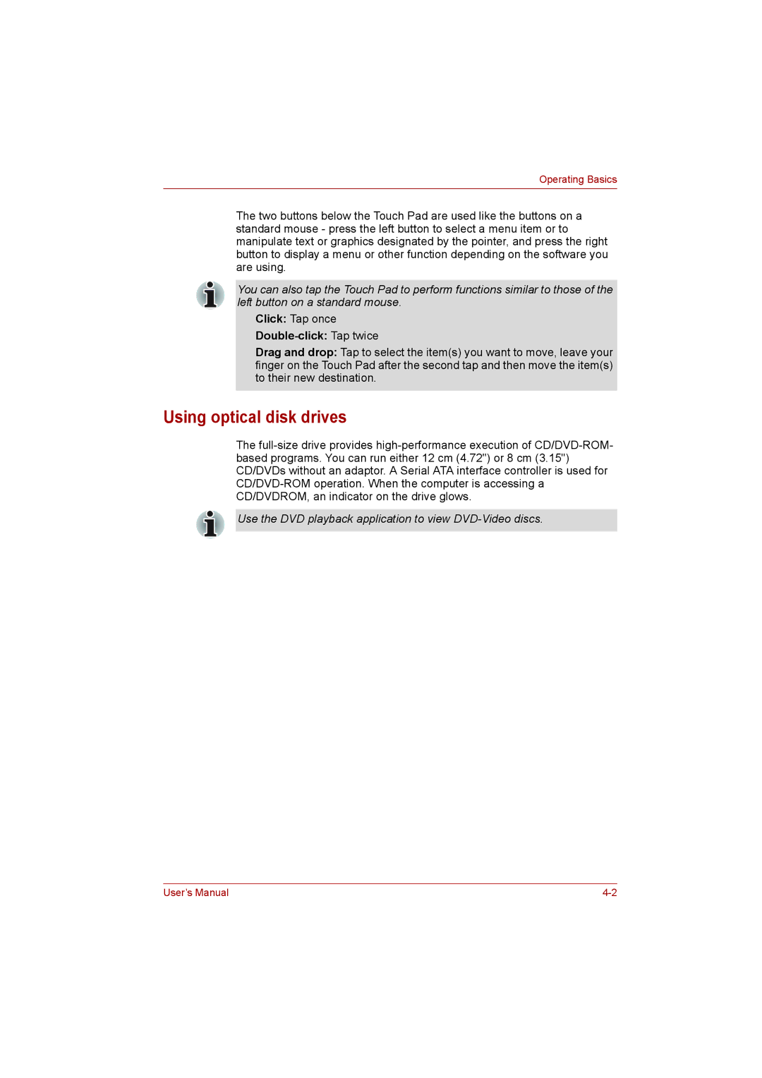 Toshiba L500D user manual Using optical disk drives, Click Tap once, Double-click Tap twice 