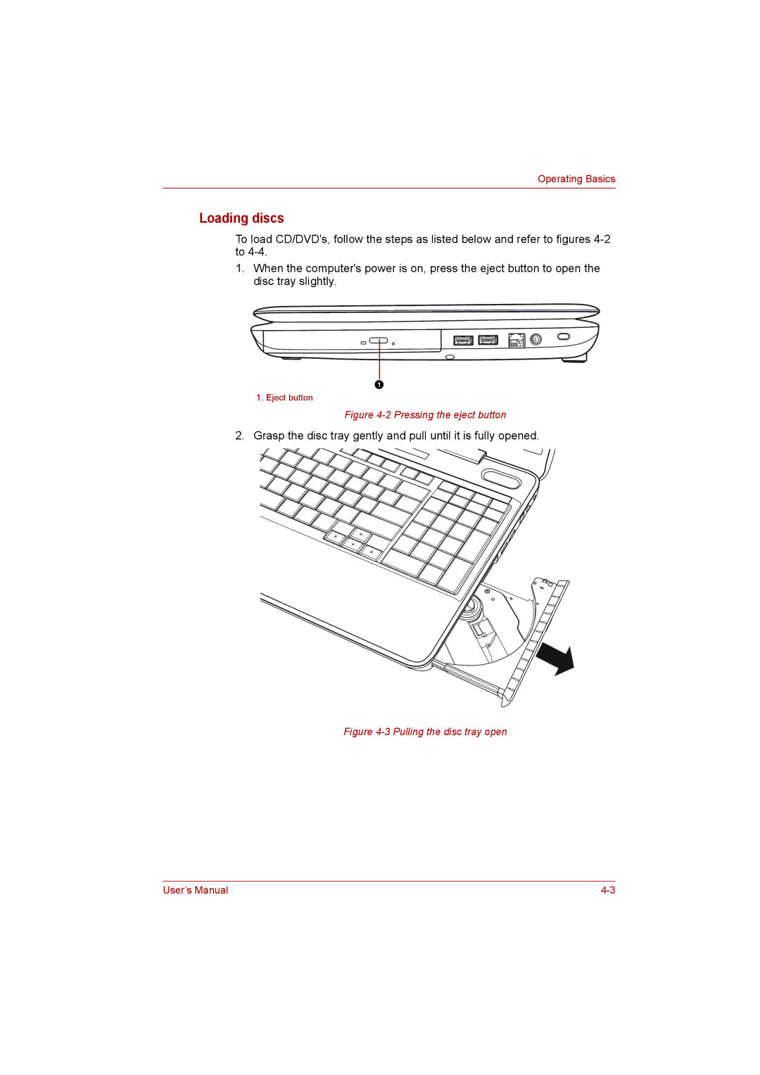 Toshiba L500D user manual Loading discs, Grasp the disc tray gently and pull until it is fully opened 