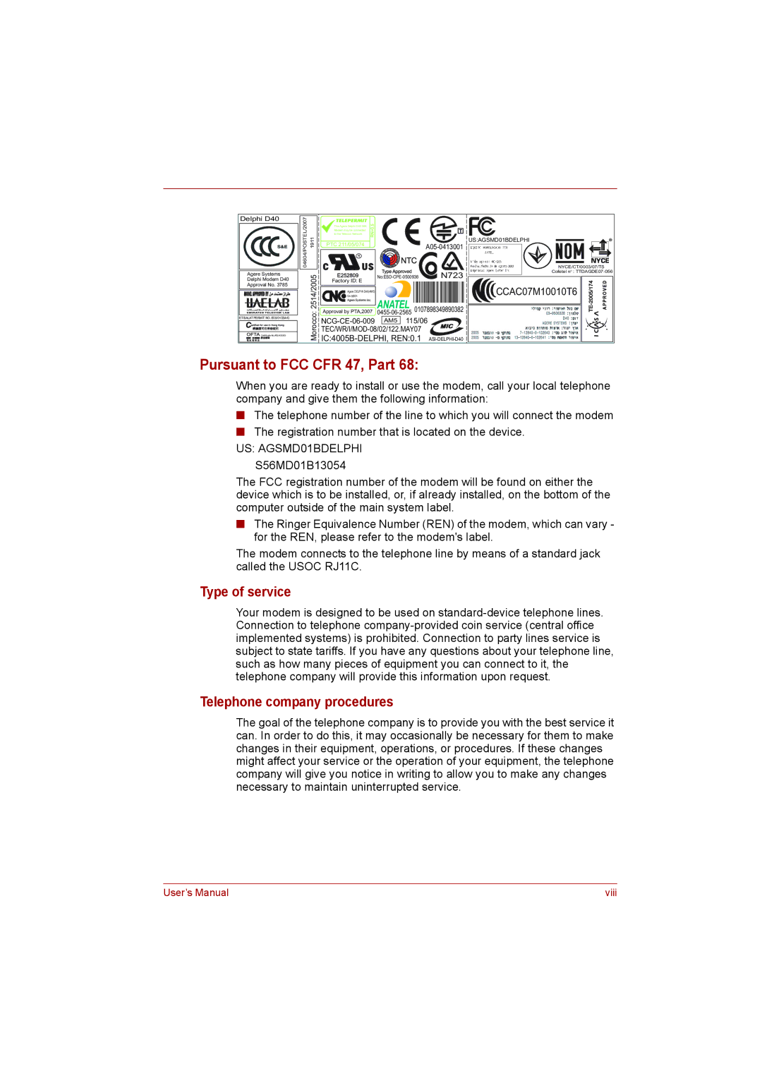 Toshiba L500D user manual Type of service, Telephone company procedures 