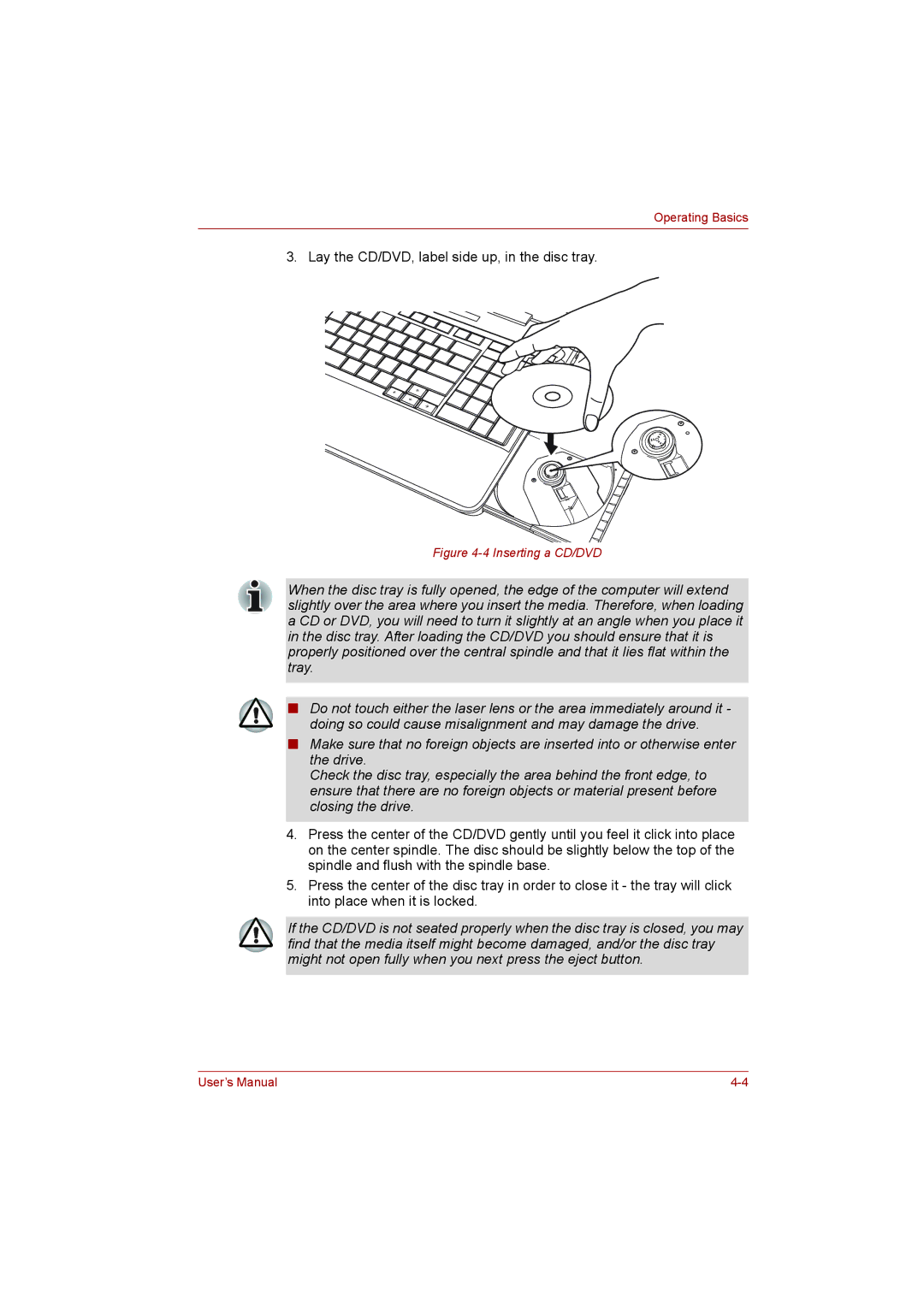 Toshiba L500D user manual Lay the CD/DVD, label side up, in the disc tray, Inserting a CD/DVD 