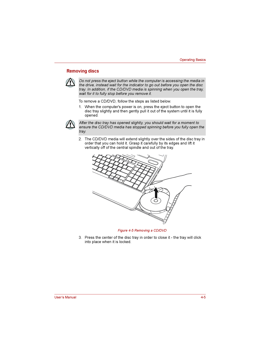 Toshiba L500D user manual Removing discs, Removing a CD/DVD 