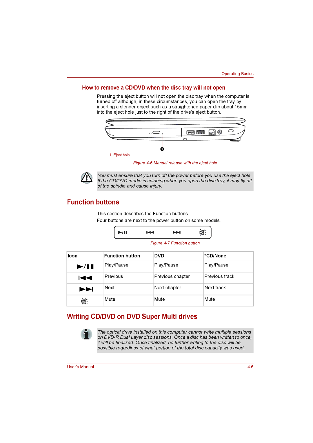 Toshiba L500 Writing CD/DVD on DVD Super Multi drives, How to remove a CD/DVD when the disc tray will not open, CD/None 