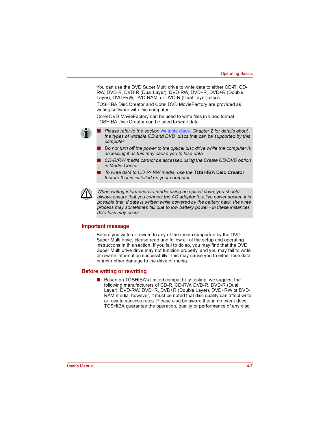 Toshiba L500D user manual Important message, Before writing or rewriting 