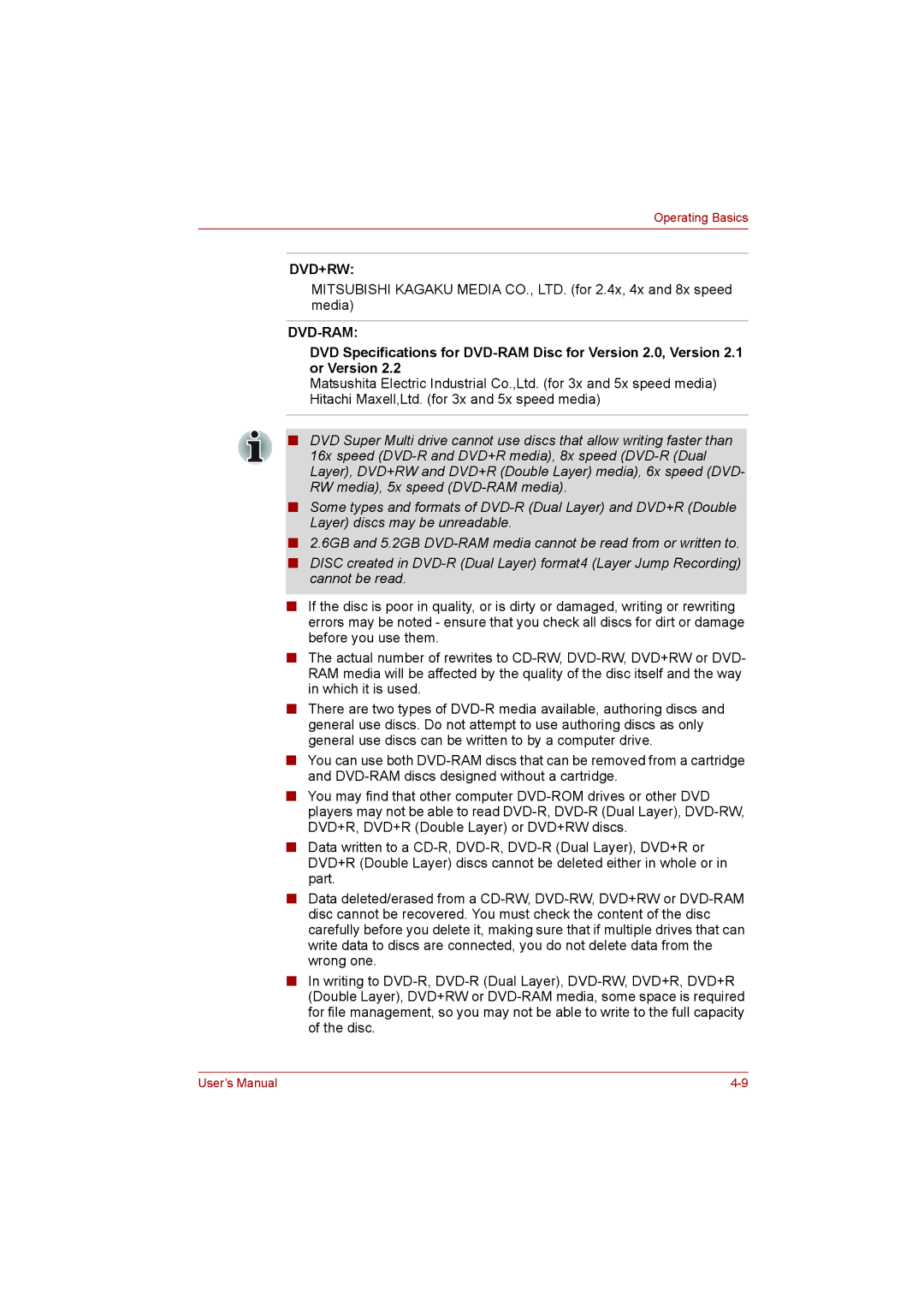 Toshiba L500D user manual Dvd+Rw Dvd-Ram 