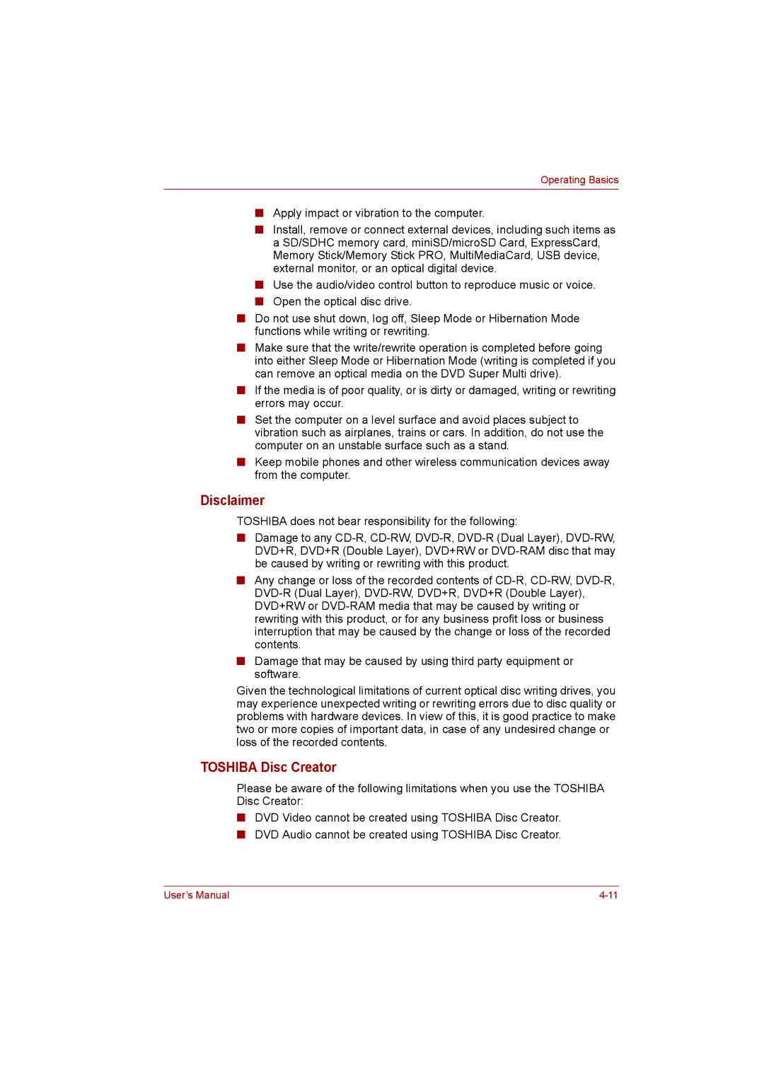 Toshiba L500D user manual Disclaimer, Toshiba Disc Creator 