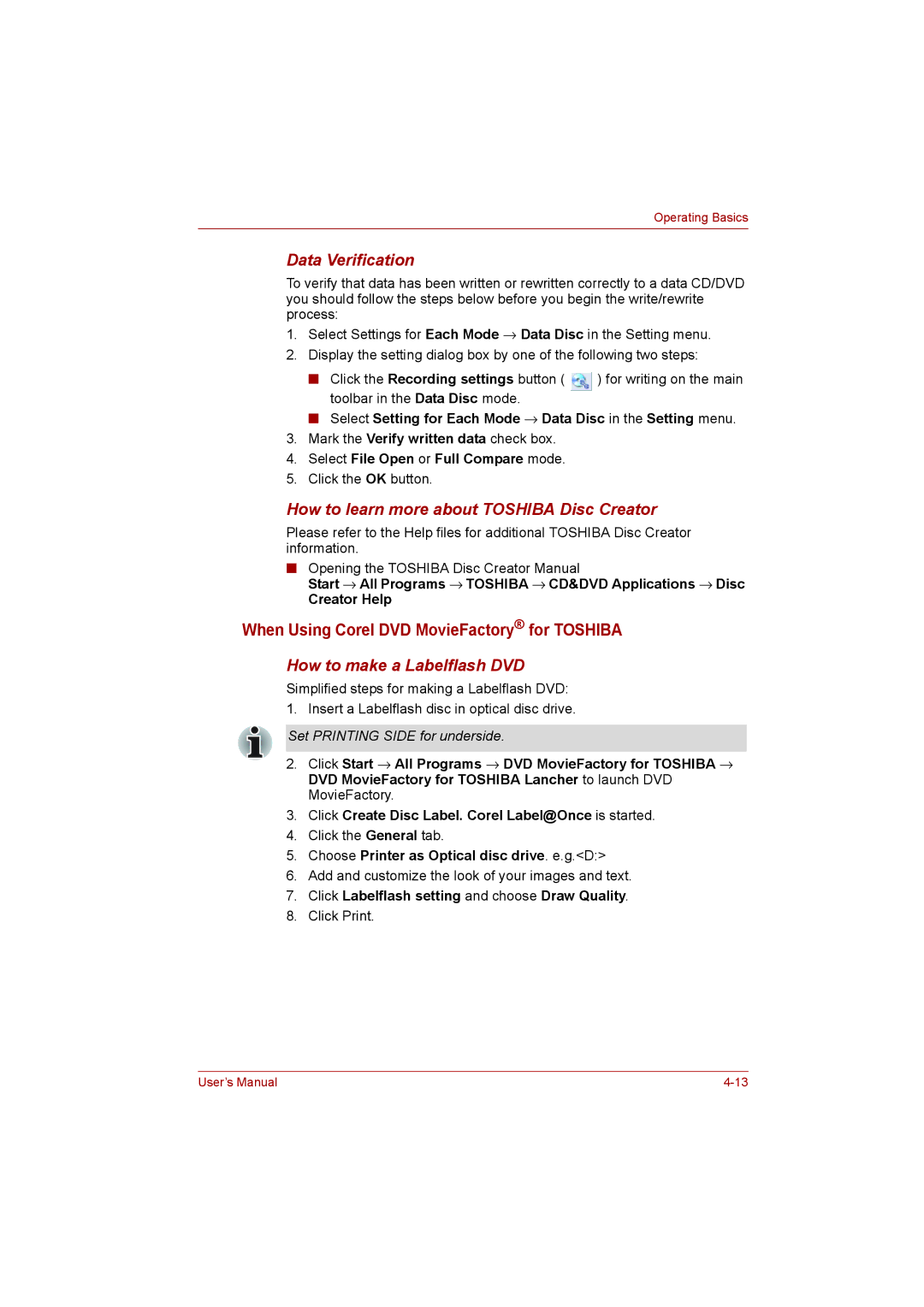 Toshiba L500D user manual When Using Corel DVD MovieFactory for Toshiba, Data Verification, How to make a Labelflash DVD 