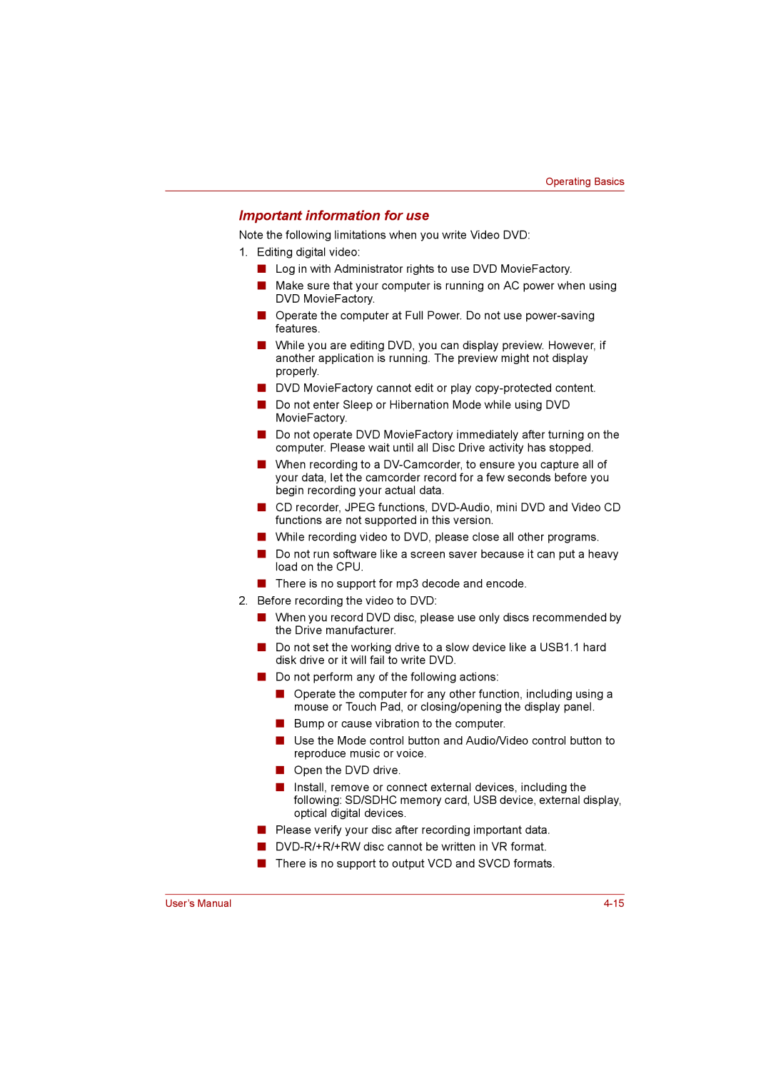 Toshiba L500D user manual Important information for use 