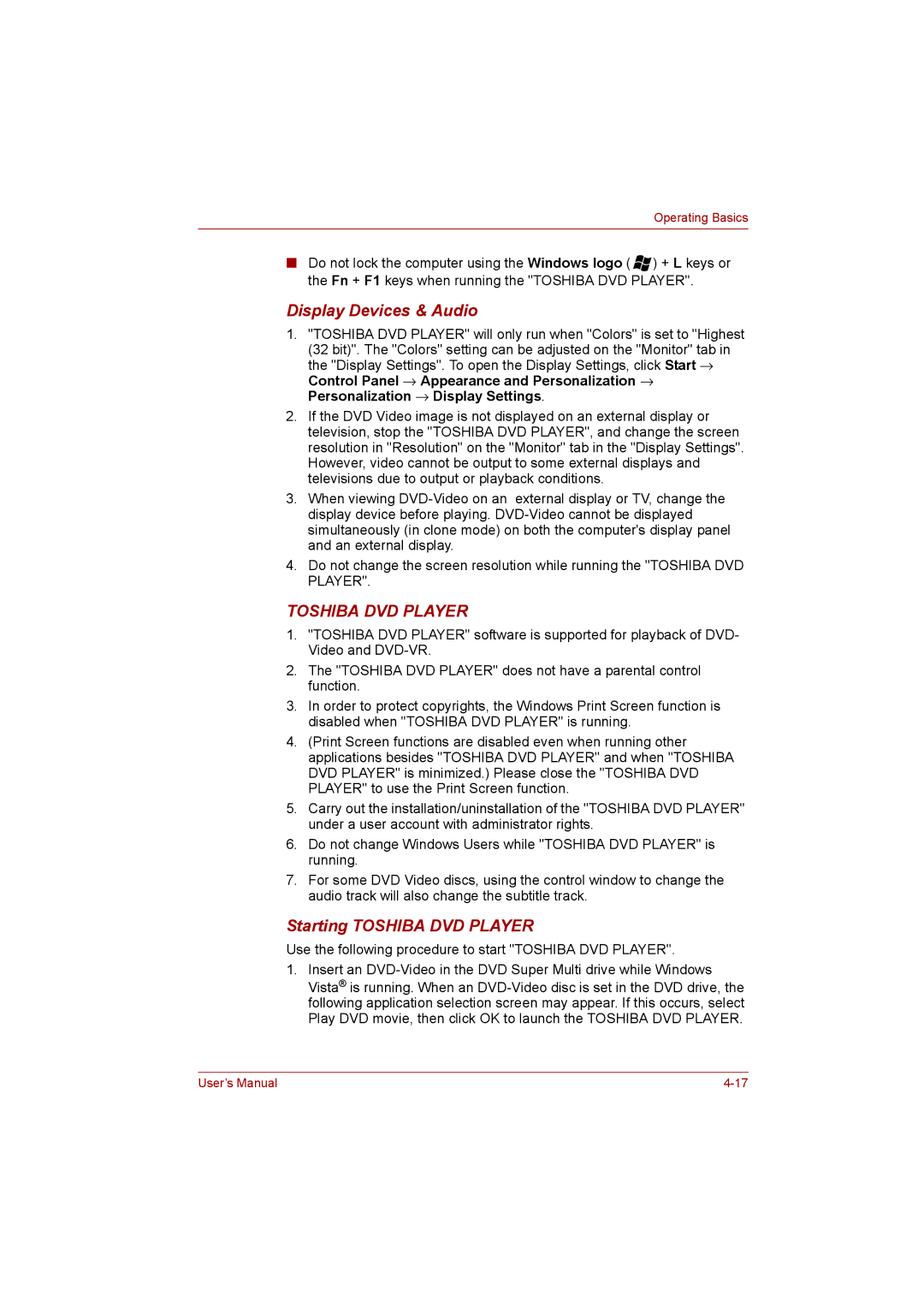 Toshiba L500D user manual Display Devices & Audio, Starting Toshiba DVD Player 