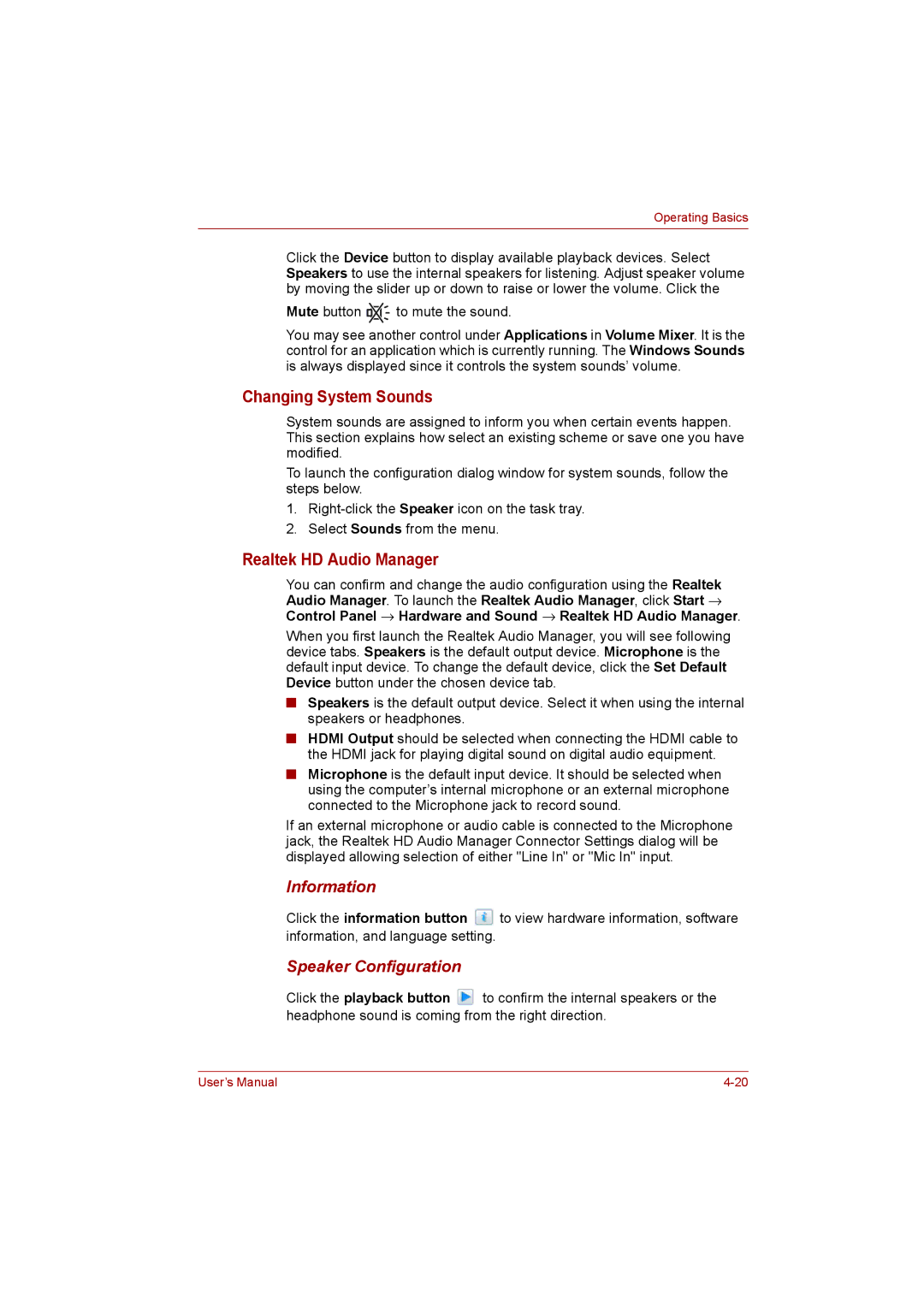 Toshiba L500D user manual Changing System Sounds, Realtek HD Audio Manager, Information, Speaker Configuration 