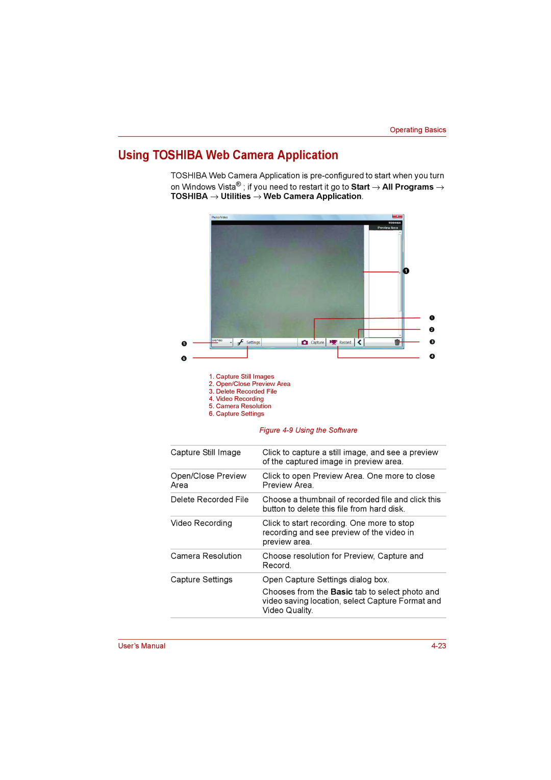 Toshiba L500D user manual Using Toshiba Web Camera Application, Button to delete this file from hard disk, Video Quality 