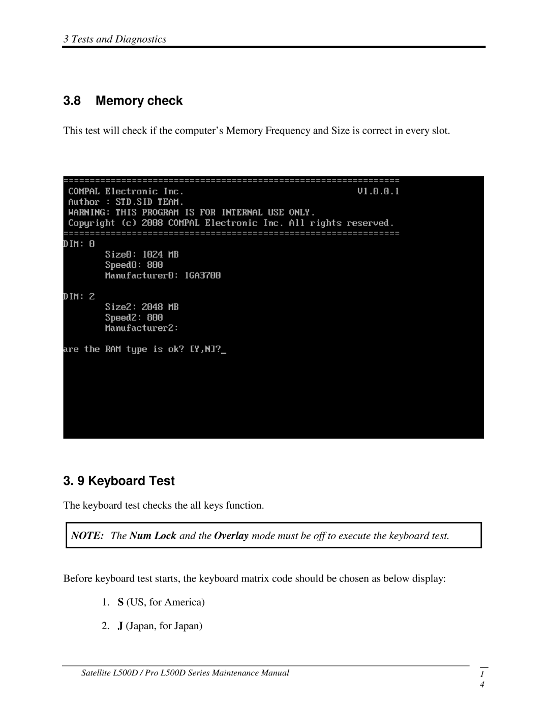 Toshiba L500D manual Memorycheck, 9KeyboardTest 