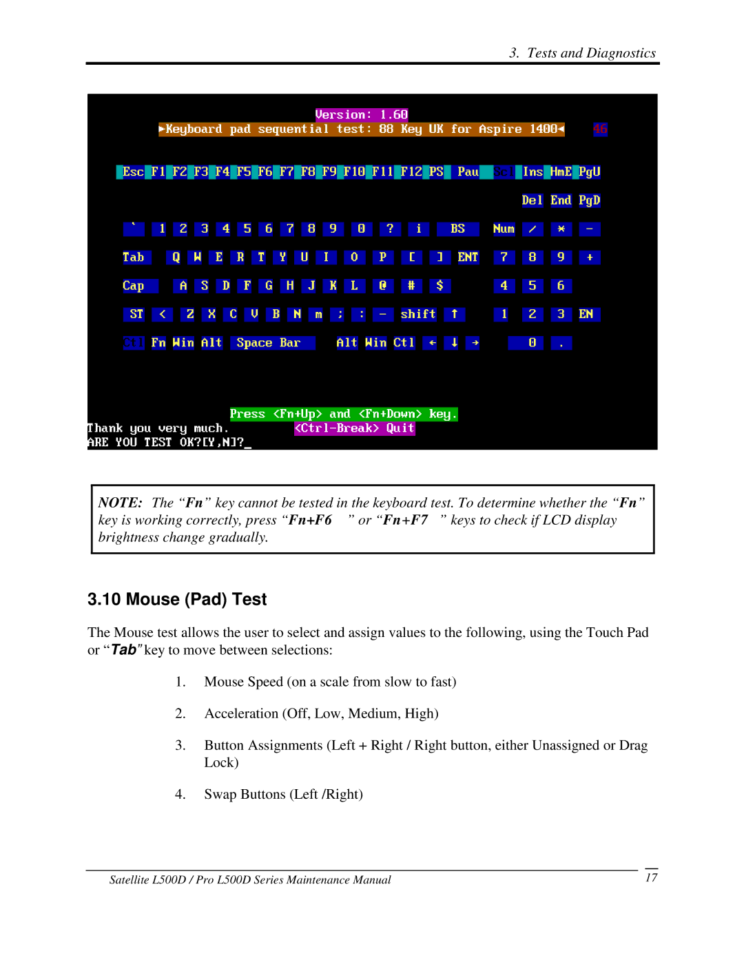 Toshiba L500D manual 10MousePadTest, SwapButtonsLeft/Right 