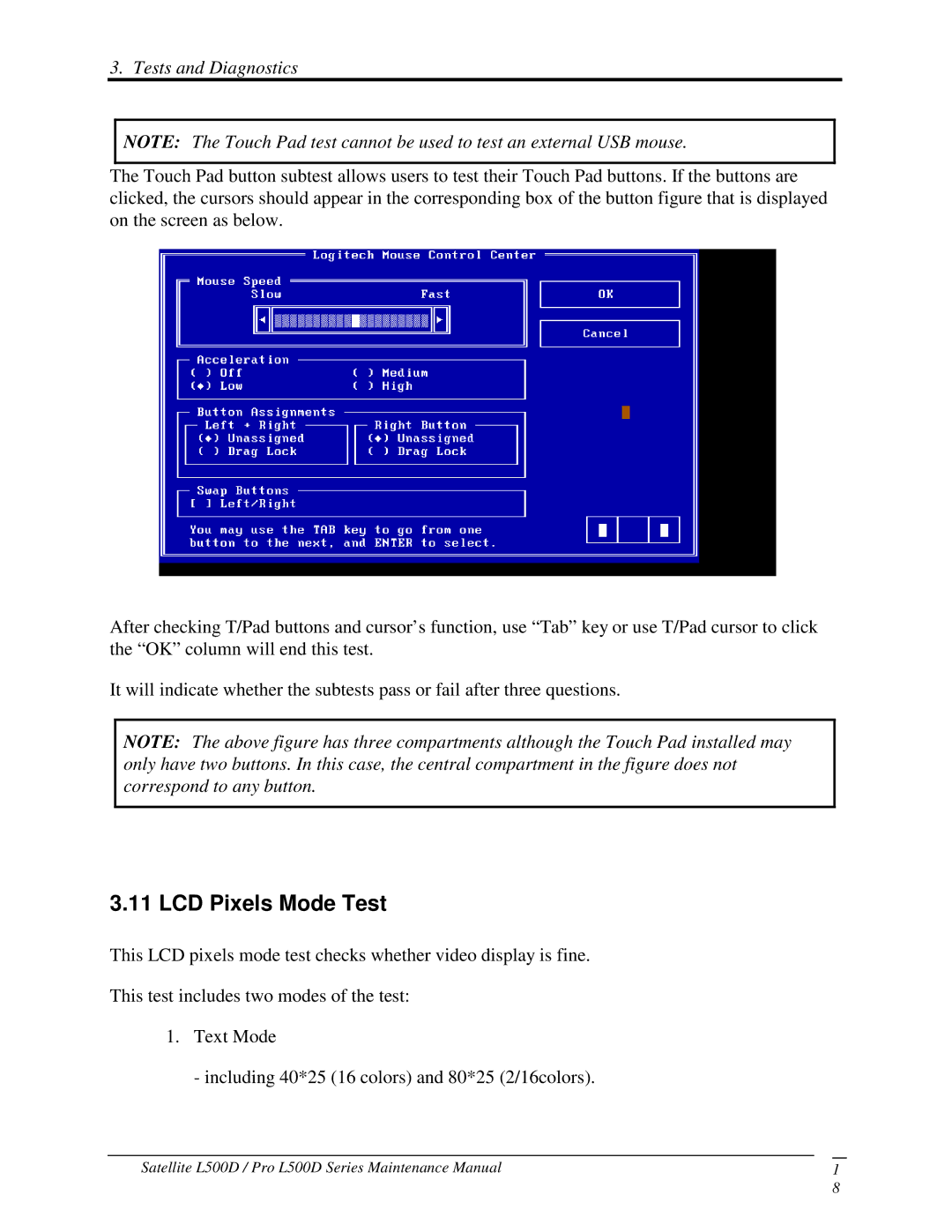 Toshiba L500D manual 11LCDPixelsModeTest, TestsandDiagnostics 