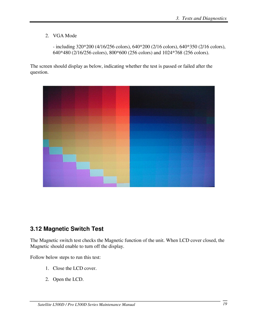 Toshiba L500D manual 12MagneticSwitchTest, VGAMode, Followbelowstepstorunthistest ClosetheLCDcover OpentheLCD 