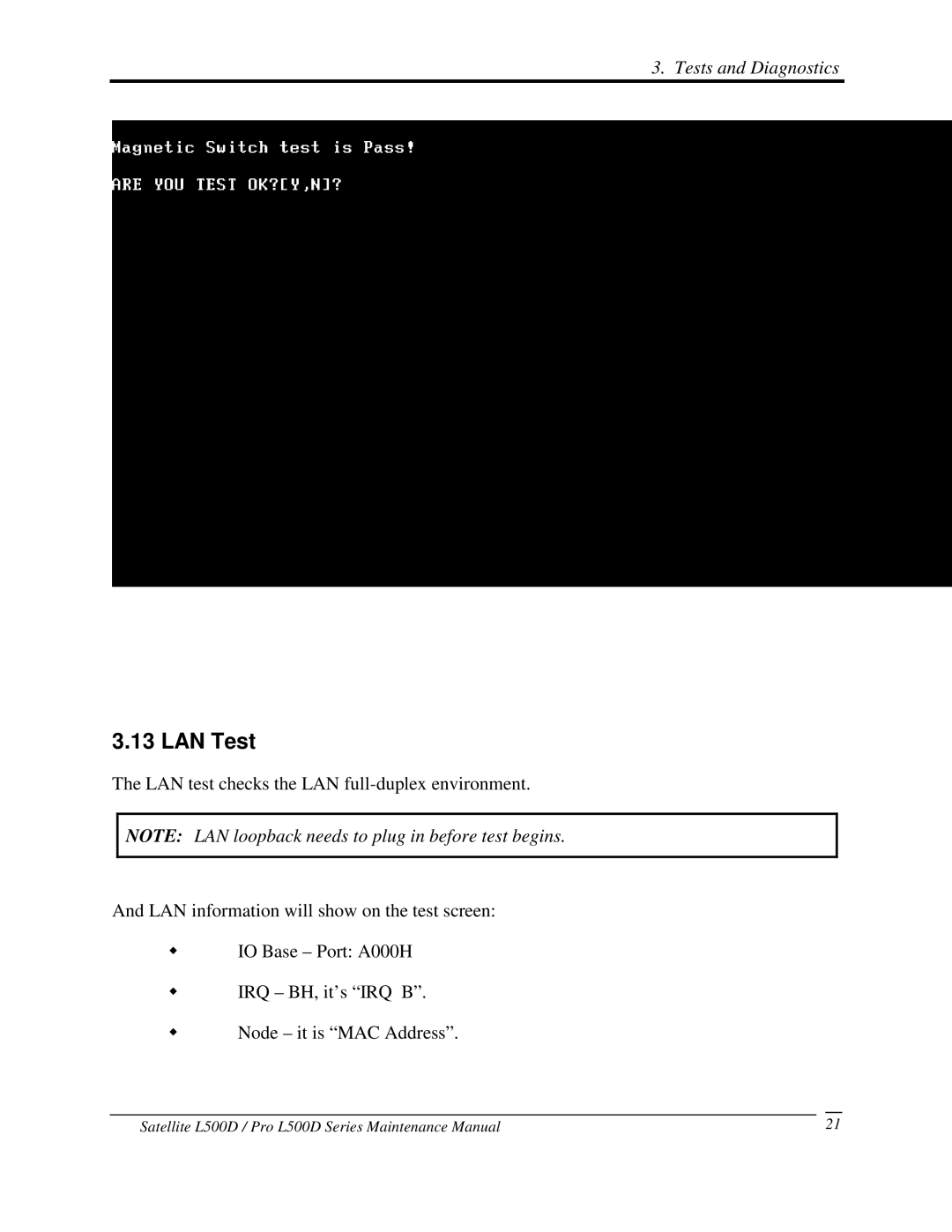 Toshiba L500D manual 13LANTest 