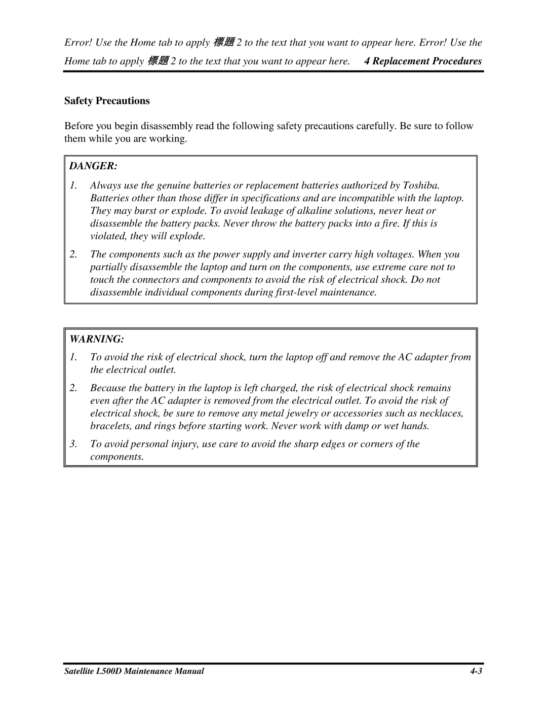 Toshiba L500D manual SafetyPrecautions 