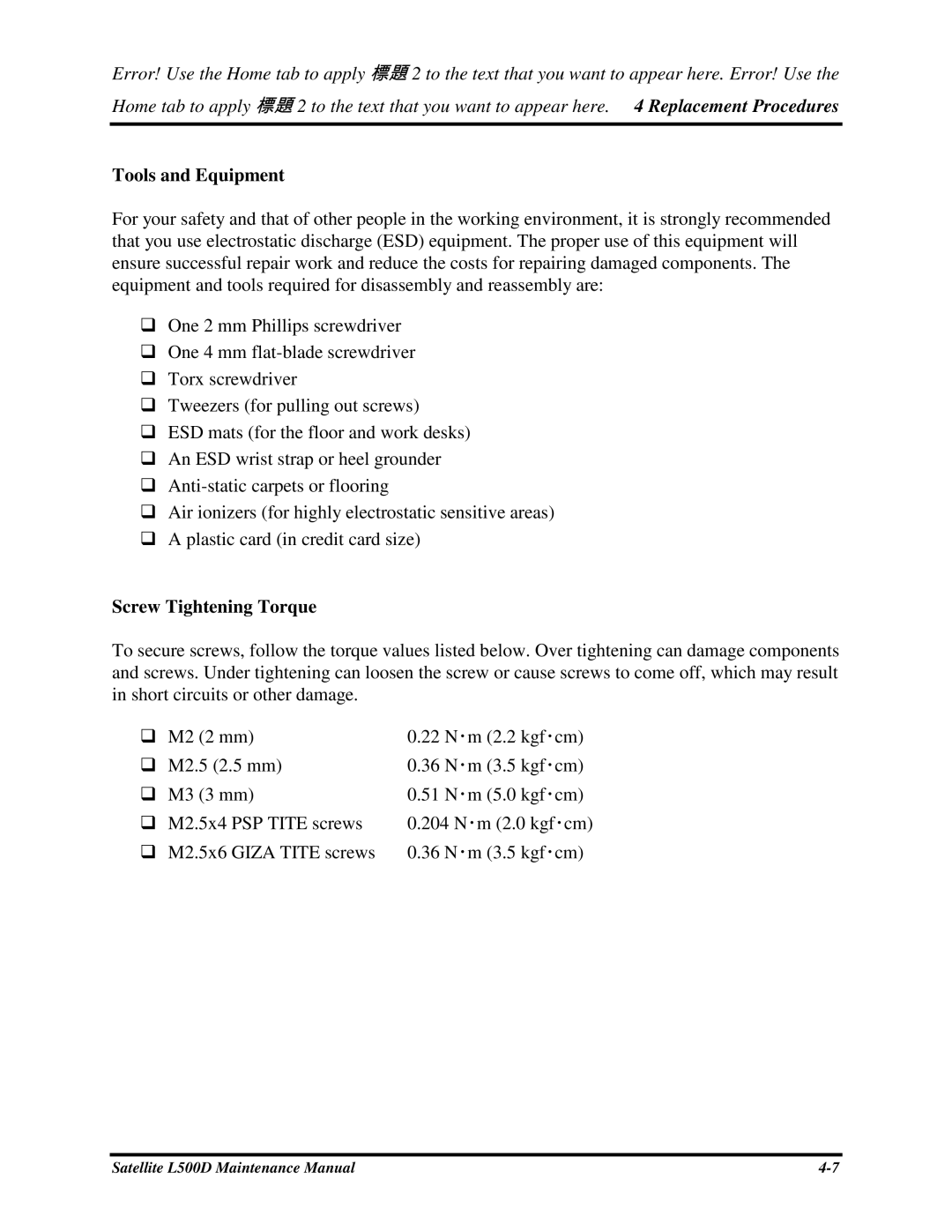 Toshiba L500D manual ToolsandEquipment, ScrewTighteningTorque 