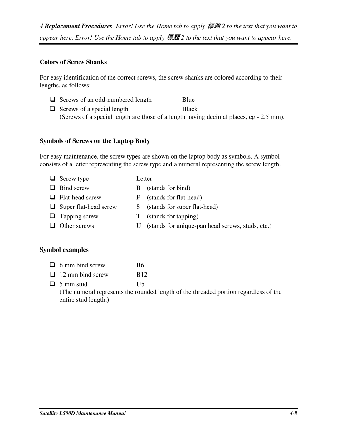 Toshiba L500D ColorsofScrewShanks, SymbolsofScrewsontheLaptopBody, Symbolexamples, 6mmbindscrew 12mmbindscrew B12 5mmstud 