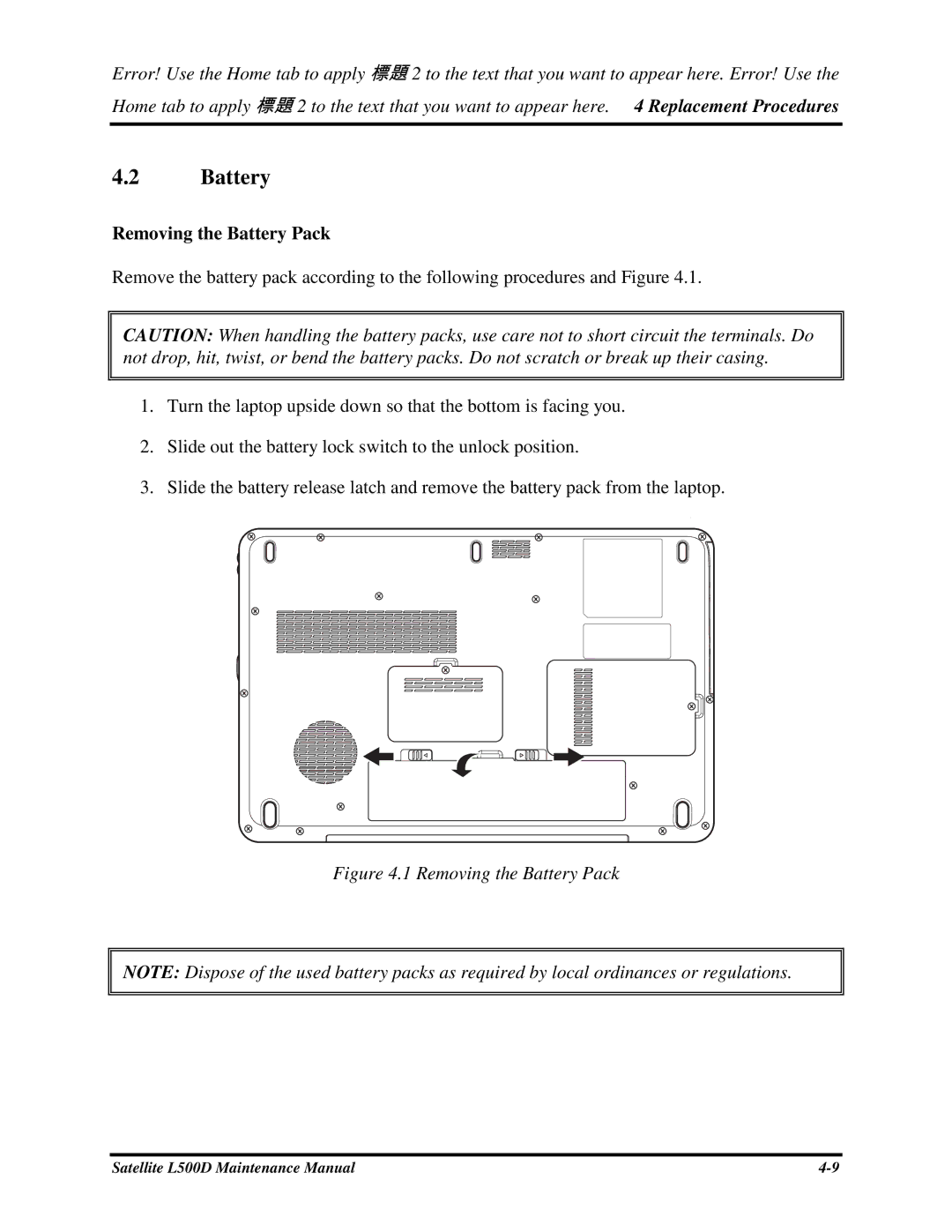 Toshiba L500D manual RemovingtheBatteryPack 