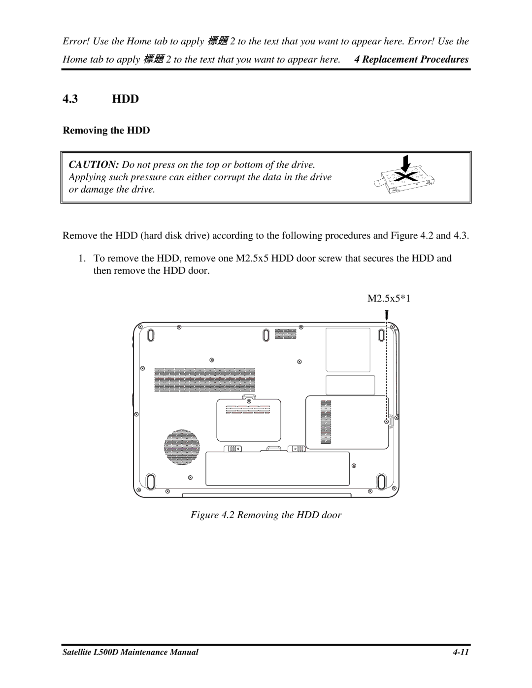 Toshiba L500D manual Hdd 