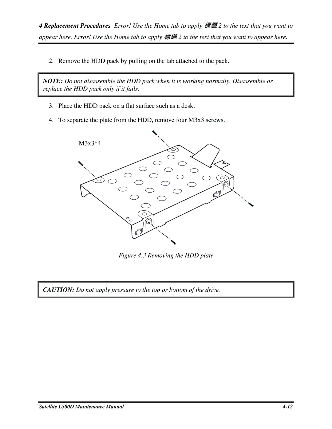 Toshiba L500D manual 3RemovingtheHDDplate 