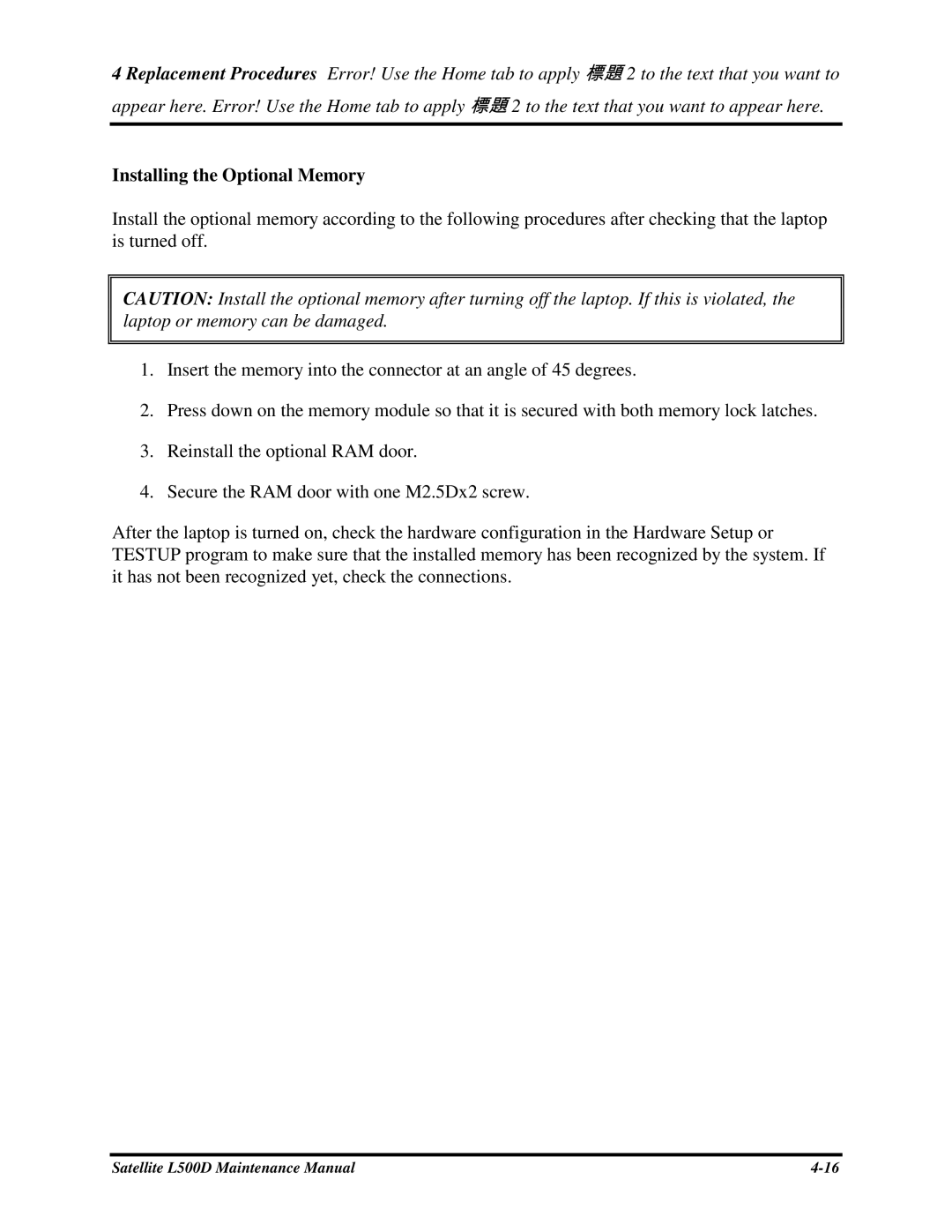 Toshiba L500D manual InstallingtheOptionalMemory 